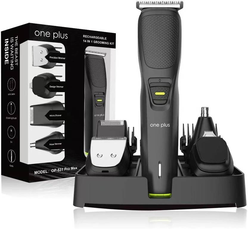 One Plus OP 531 Pro Max 14 in 1 Face, Body & Private Parts,DualCut Tehnology Grooming Kit Trimmer 120 min Runtime 4 Length Settings (Black)