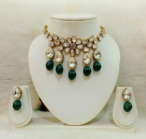 All Green Beautiful Kundan Necklace Set - Springkart