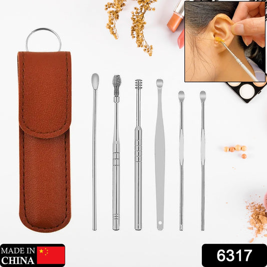 6-in-1 Ear Wax Cleaner- Resuable Ear Cleaning Tools Leather Pouch - Ear Pick Wax Remover Tool Kit with Ear Curette Cleaner and Spring Ear Buds Cleaner Fit in Pocket Great for Traveling - Springkart