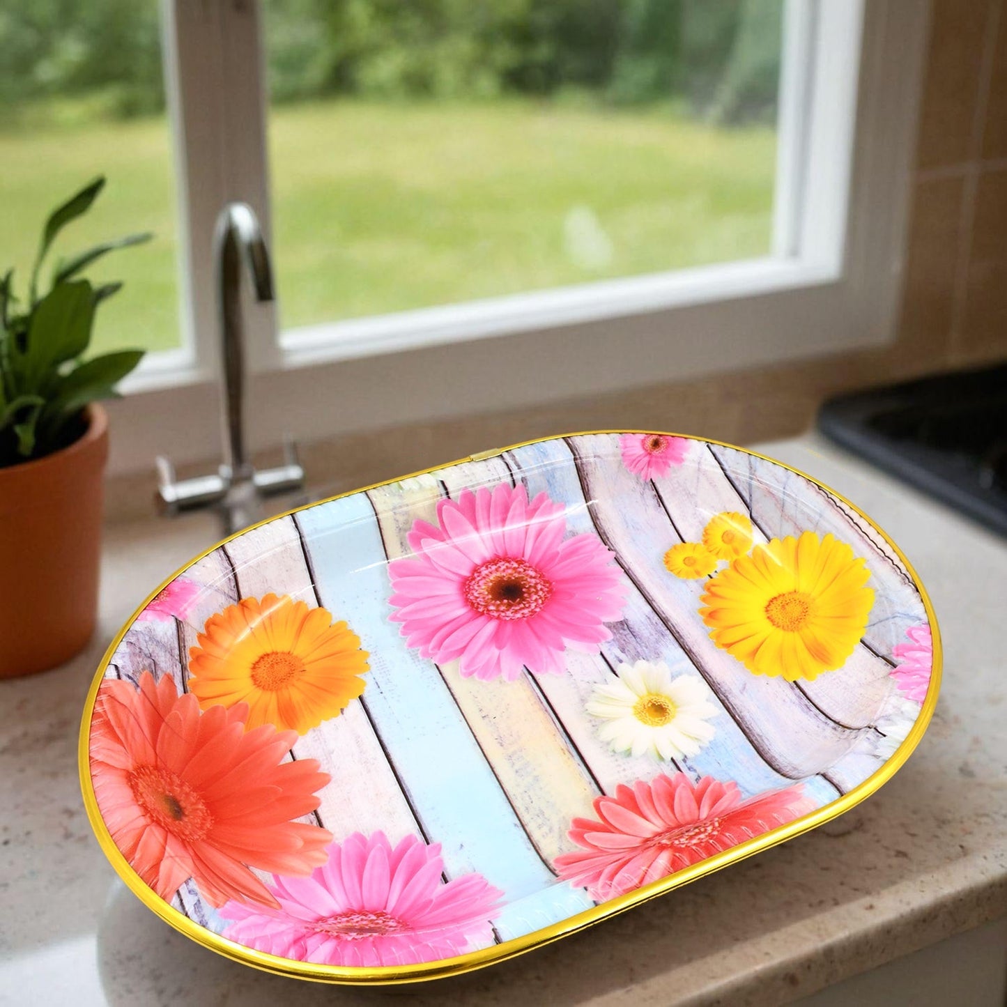Plastic Flower Printed Design Serving Tray (3 Pcs Set / Mix Color) - Springkart