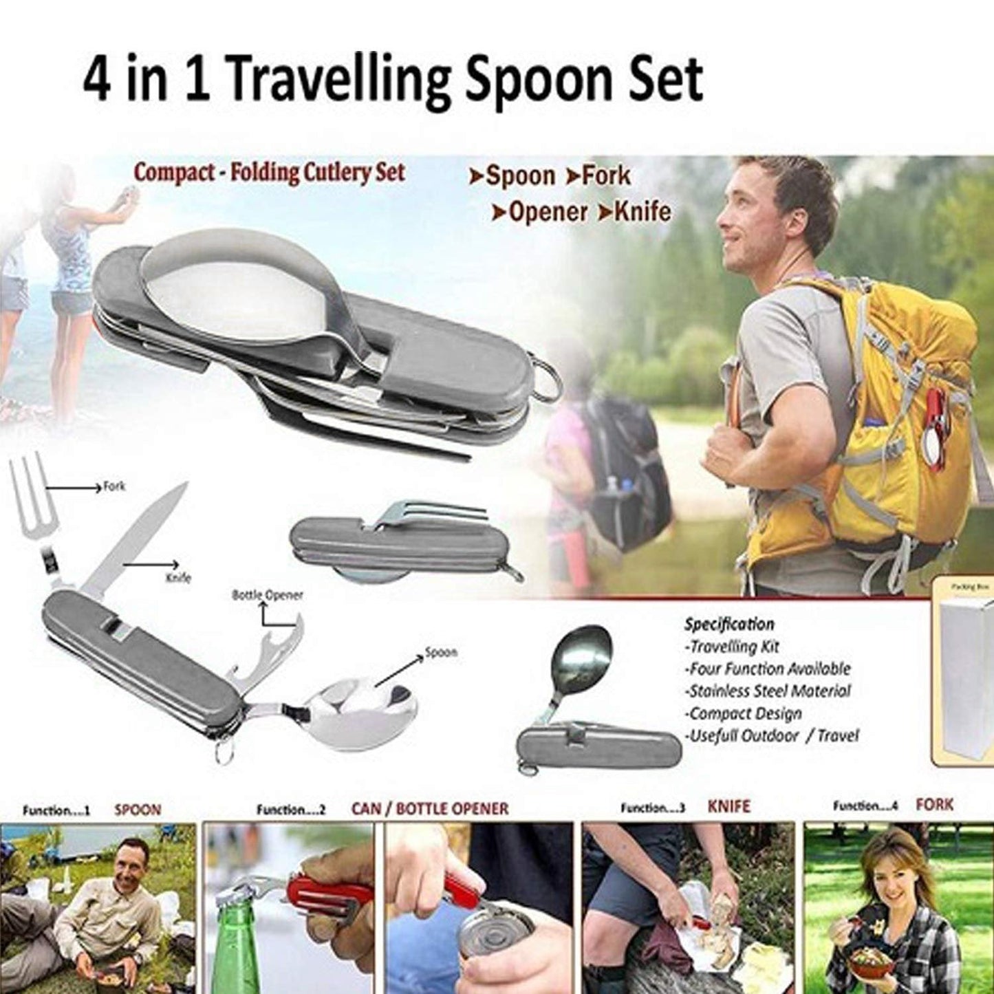 4-in-1 Stainless Steel Travel / Camping Folding Multi Swiss Cutlery Set - Springkart