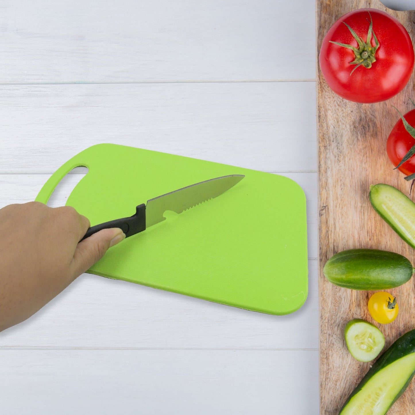 Premium Plastic Chopping Board & Steel Knife Vegetable Chopping Board With Knife Cutting Board for Kitchen Chopper Fruit and Vegetable Cutter Chopper Plastic (3 Pc Set) - Springkart