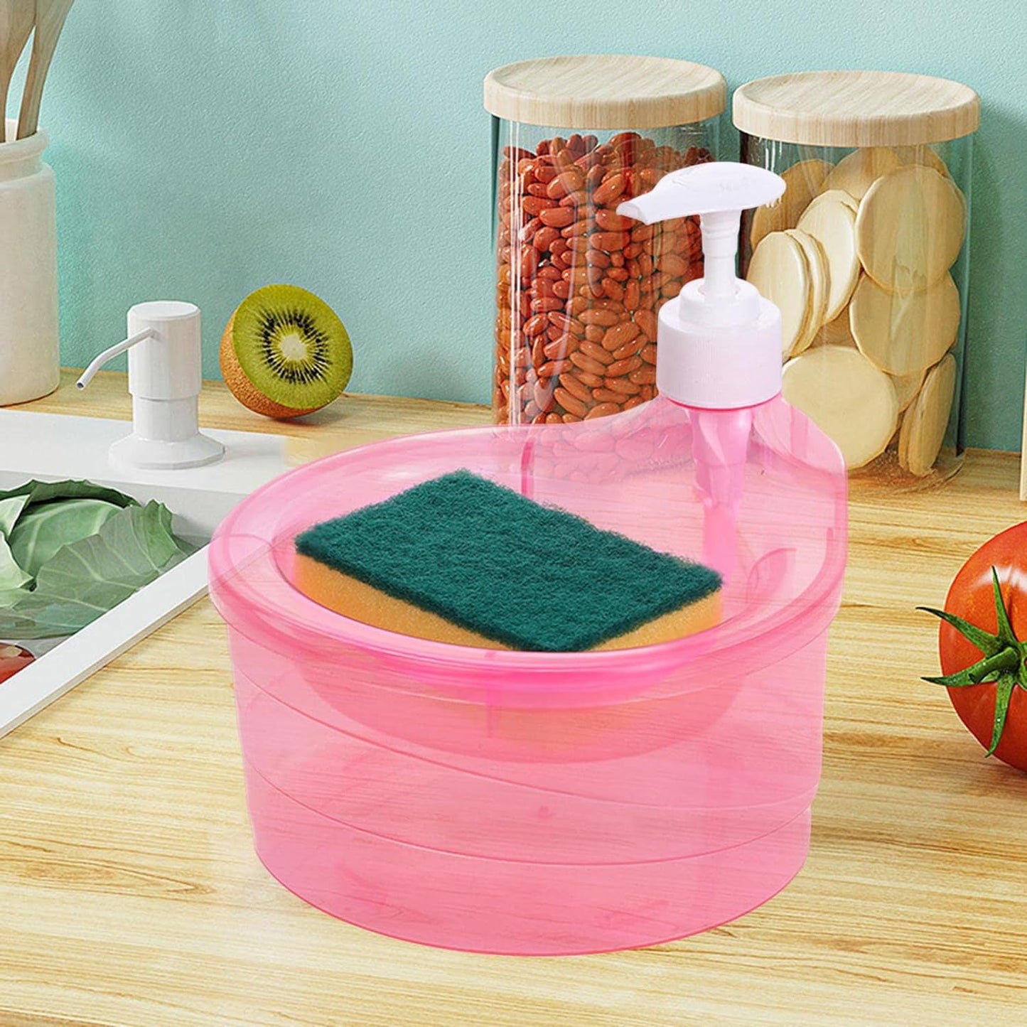 Double Layer Liquid soap Dispenser with Pump and Sponge, Practical for Hotel Sink Clear, Soap Dispensing Liquid Pump Bottle for Home, Kitchen Rectangle ( 2 in 1 ) - Springkart