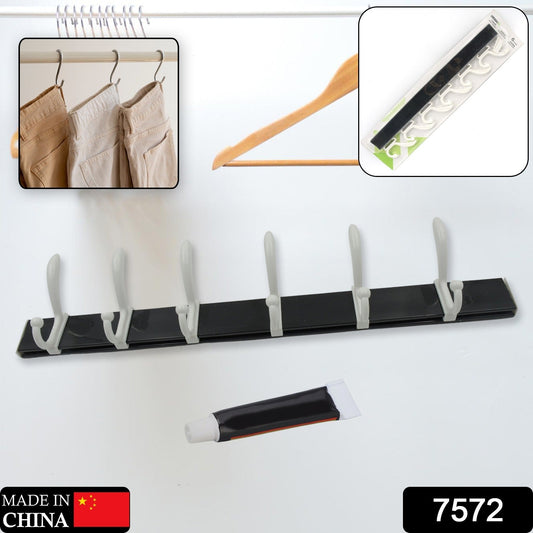 Cloth hanger, Wall Door Hooks Rail for Hanging Clothes for Hanging Hook Rack Rail, Extra Long Coat Hanger Wall Mount for Clothes, Jacket, Hats, 6 Hook With Eco-friendly Liquid Adhesive Glue - Springkart