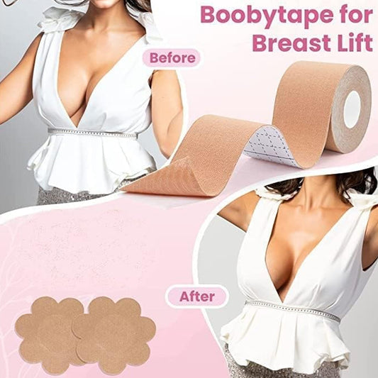 Boob Tape with Nipple Covers: Cotton, Breathable, Lift & Support (5m, 10 Pairs) - Springkart