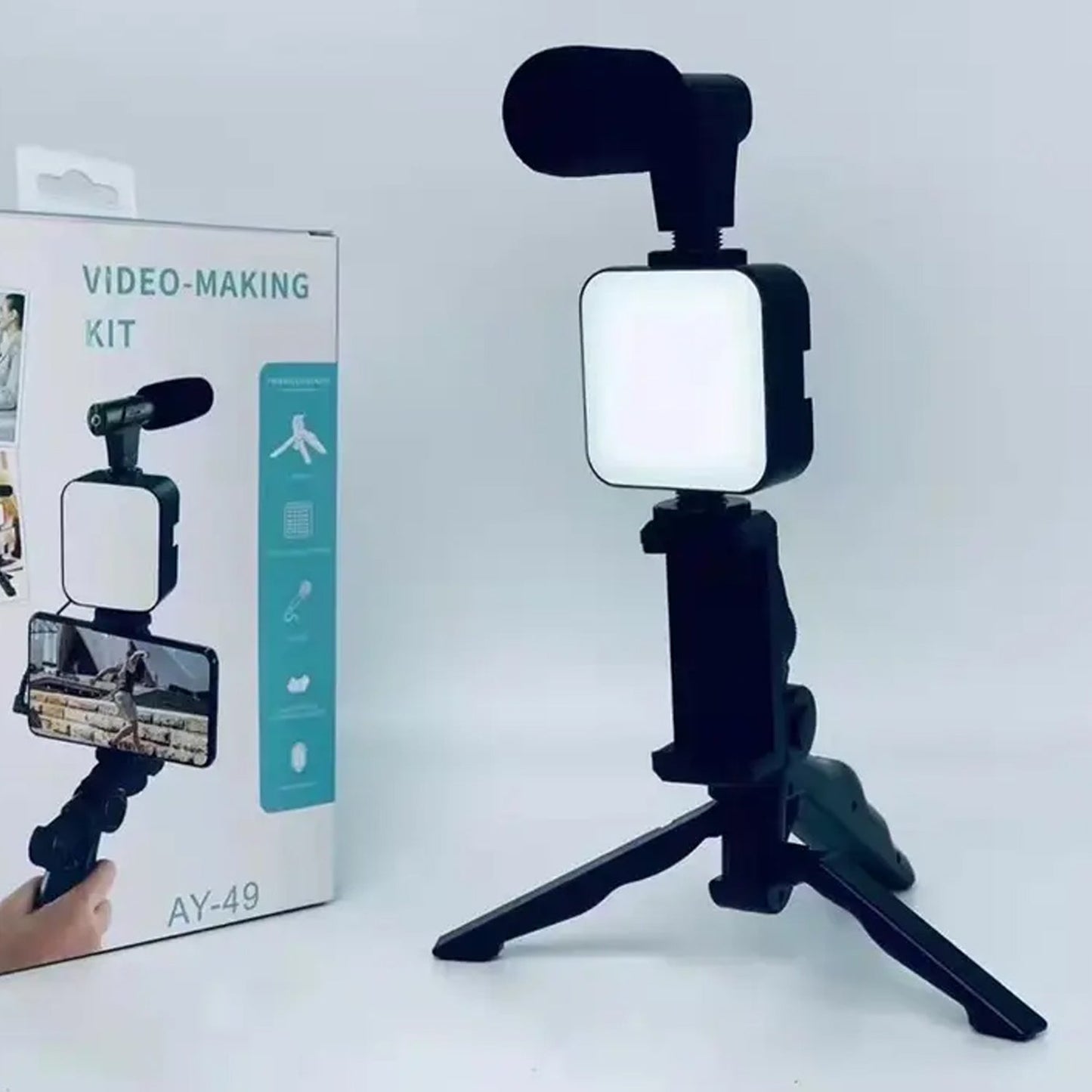 Vlogging Kit for Video Making with Mic Mini Tripod Stand, LED Light & Phone Holder Clip for Making Videos - Springkart