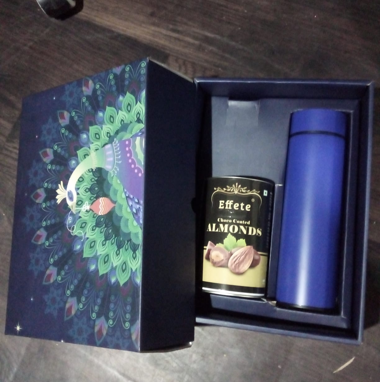 Personalized Temperature Water Bottle & Choco Almond Chocolate (With Attractive Peacock Box / 2 Pc Set) - Springkart
