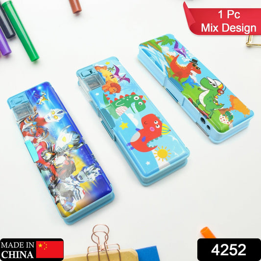 Multipurpose Compass Box, Plastic Double Deck Pencil Case with 2 Compartments, Supplies Utility Box Storage Organizer, Pencil Box for School, Cartoon Printed Pencil Case for Kids, Birthday Gift for Girls & Boys (1 Pc Mix Design) - Springkart