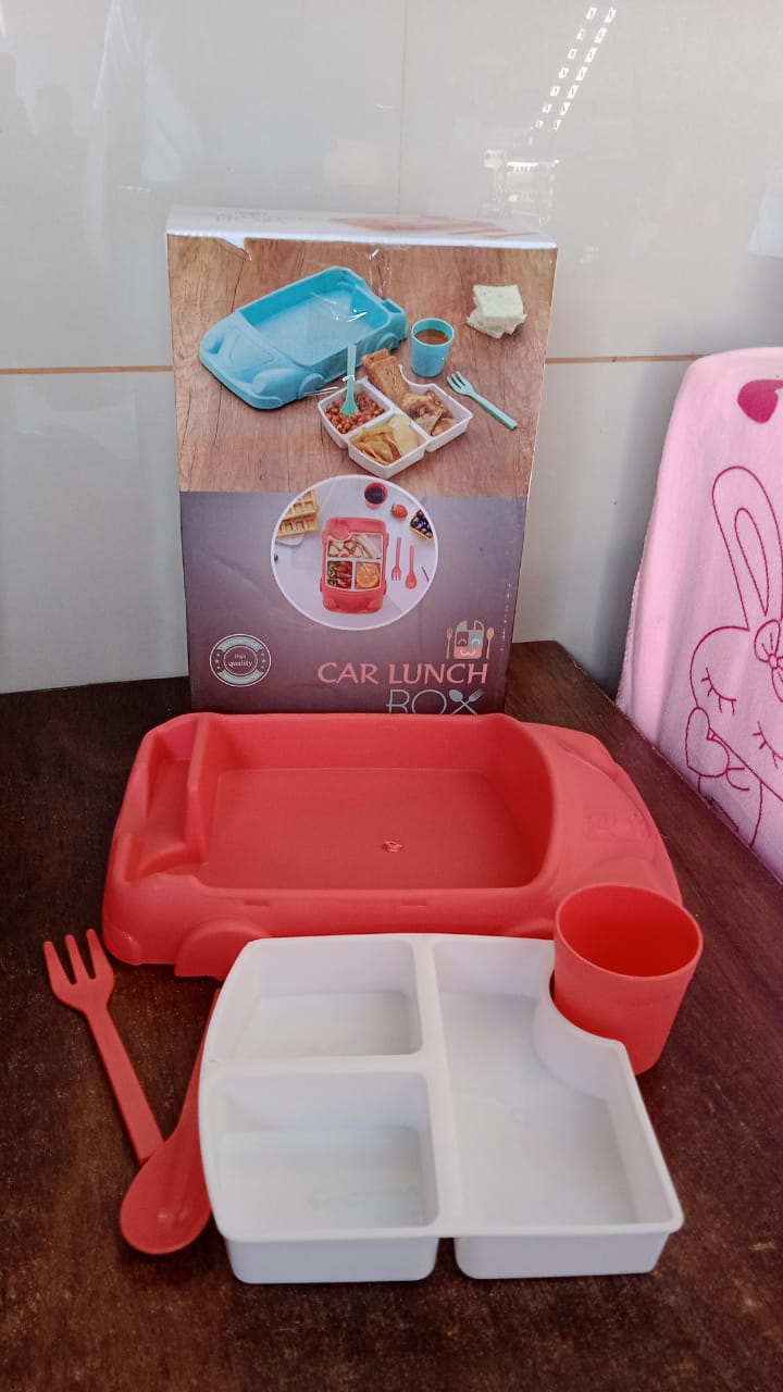 Kid's Car Shaped Plates Cup / Lunch Box Dinnerware Set (4 Pcs Set / 1000 ML Lunch Box) - Springkart