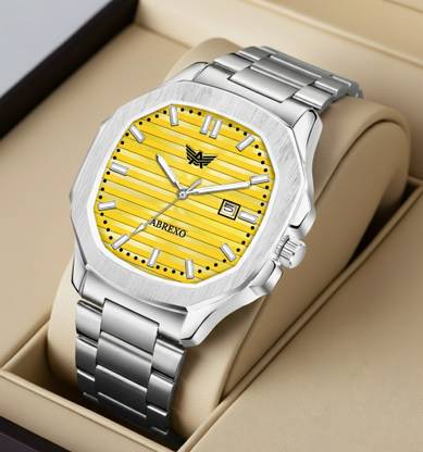 ABREXO Nautilus Date Working Square Yellow Dial Silver Quartz Mechanism Watch For Boys Analog Watch - For Men Abx4567-YL SL