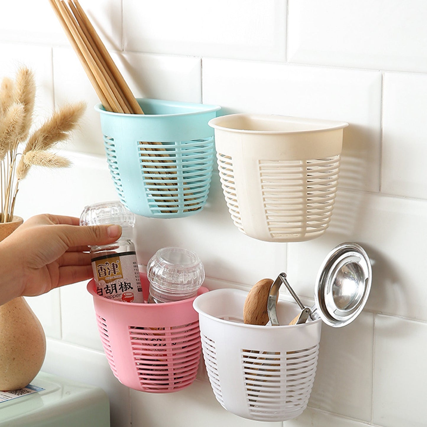 Hanging Plastic Storage Basket, Adhesive Wall Mounted Organizer Box Make Up Holder Shelf Bathroom Wall Basket Punch Free Drain Basket for Kitchen Bathroom, Wall Type Storage Basket (1 Pc) - Springkart
