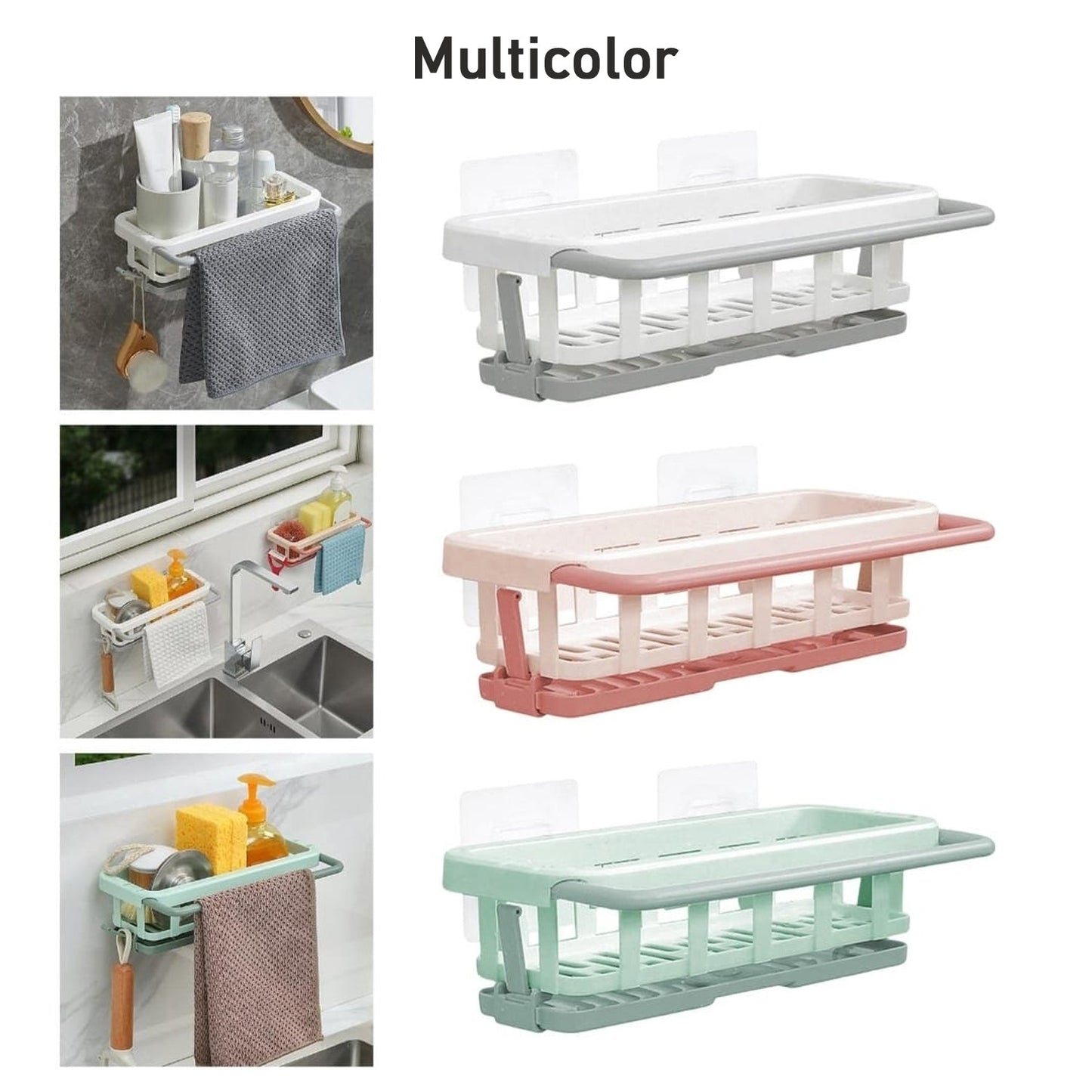 Multipurpose Platic Hanging Drain Rack Retractable Sponge Storage Hanging Rack With Adhesive Hook for Kitchen and Bathroom Dishcloth Holders Basket Drying Tray Organizer - Springkart