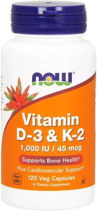 Now Foods Vitamin D-3 & K-2 1000 IU / 45 mcg 120 Veg Capsules (120 No)