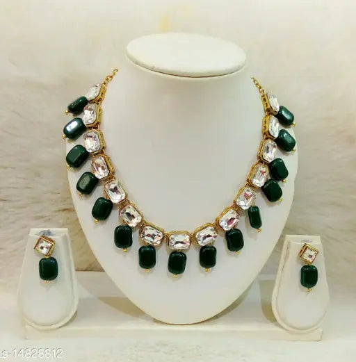 All Green Beautiful Kundan Necklace Set - Springkart