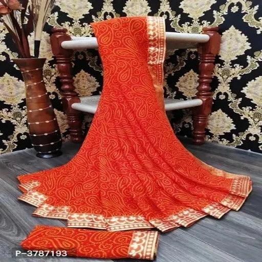 Stylish Orange Georgette Printed Saree with Blouse piece - Springkart