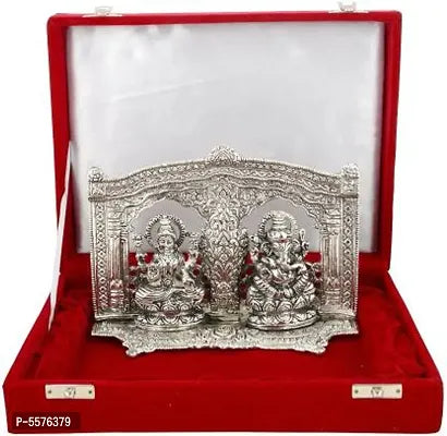 Silver Laxmi Ganesh God Idol Statue Oxidized Finish with Royal Luxury Velvet Box Packing Diwali Gift - Springkart
