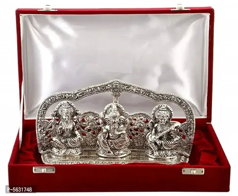 Silver Finish Laxmi Ganesh Sarswati God Idol With Beautiful Velvet Box Exclusive Gift For Diwali, - Springkart