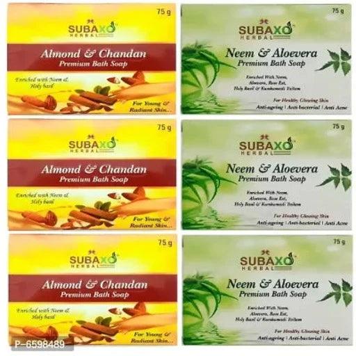 Subaxo Herbal Almond and Chandan Soap 3 Pc and Neem and Aloevera Premium Bath Soap 3 Pc Each 75 G - Springkart