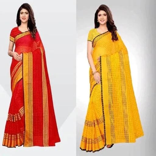 Trendy Multicoloured Woven Design Cotton Blend Saree with Blouse Piece Set Of 2 - Springkart