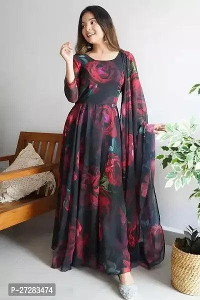 BLACK BEERY HEAVT GEORJET PRINTED GOWN WITH PRINT DUPATTA SET - Springkart