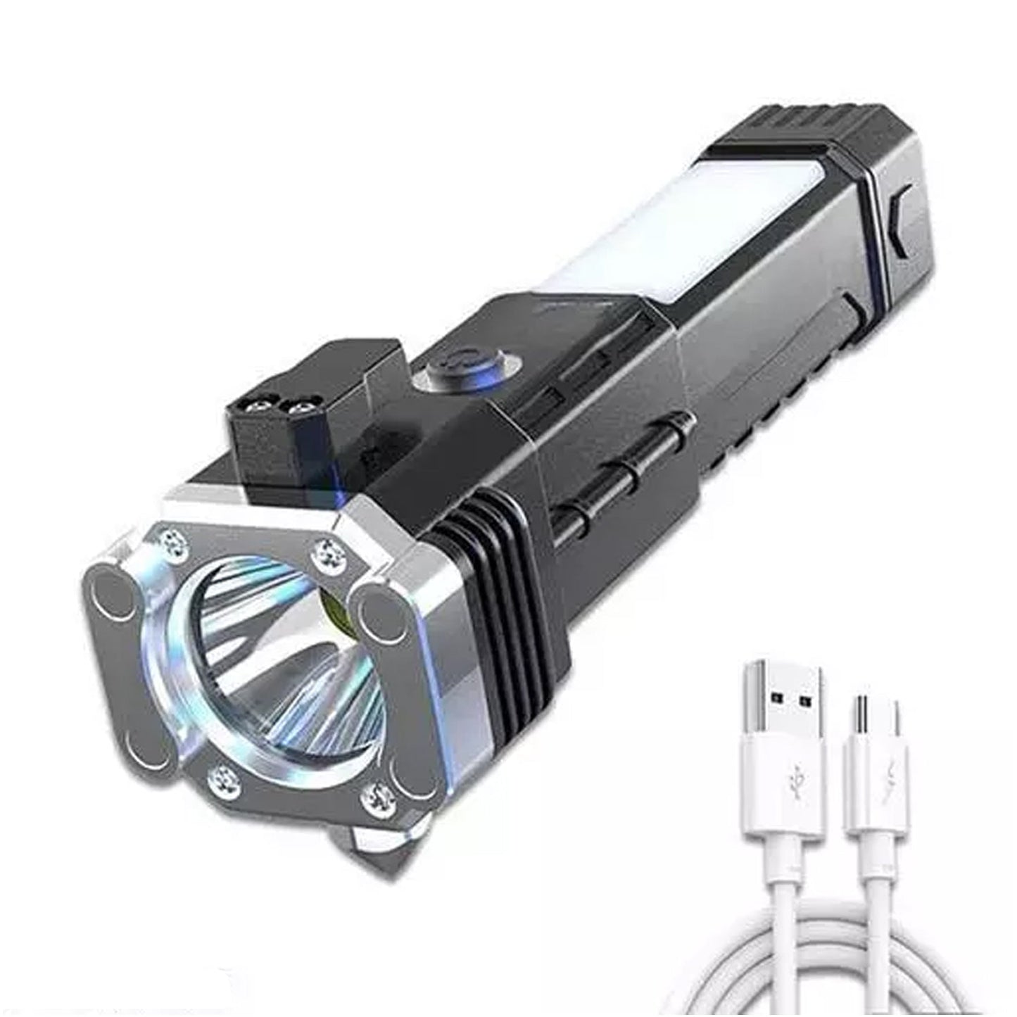 Portable 3w Rechargeable Torch LED Flashlight Long Distance Beam Range, Hammer and Strong Magnets, Window Glass and Seat Belt Cutter 4 Modes for Car Camping Hiking Indoor Outdoor - Springkart