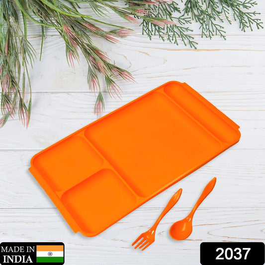 4Compartment Dish with Spoon and Fork(1 Dish Set with 1Spoon and 1Fork) Dinner Plate Plastic Compartment Plate Pav Bhaji Plate 4-Compartments Divided Plastic Food Plate. - Springkart