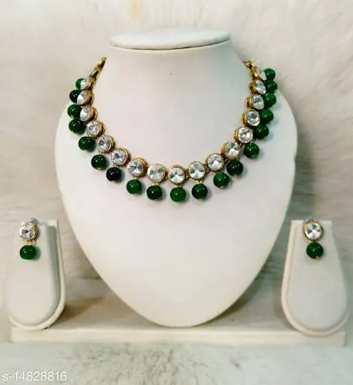 All Green Beautiful Kundan Necklace Set - Round green Beets - Springkart
