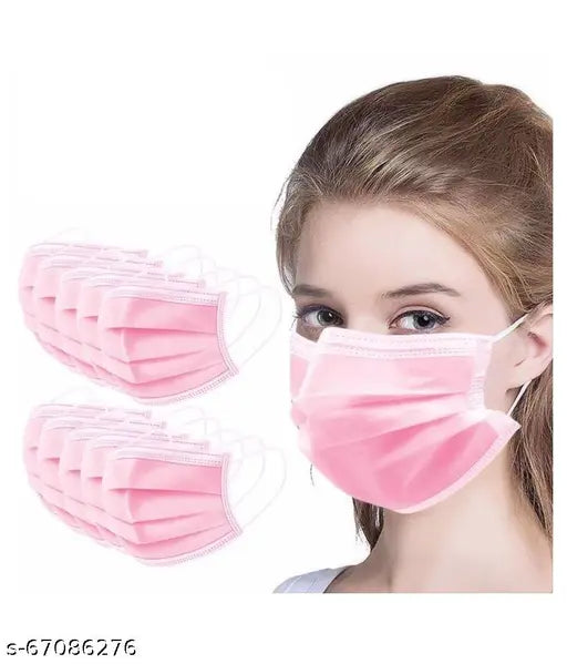 3 Ply Surgical Face Mask with Nose clip and soft ear loops (Pink, Free Size, Pack of 50) - Springkart