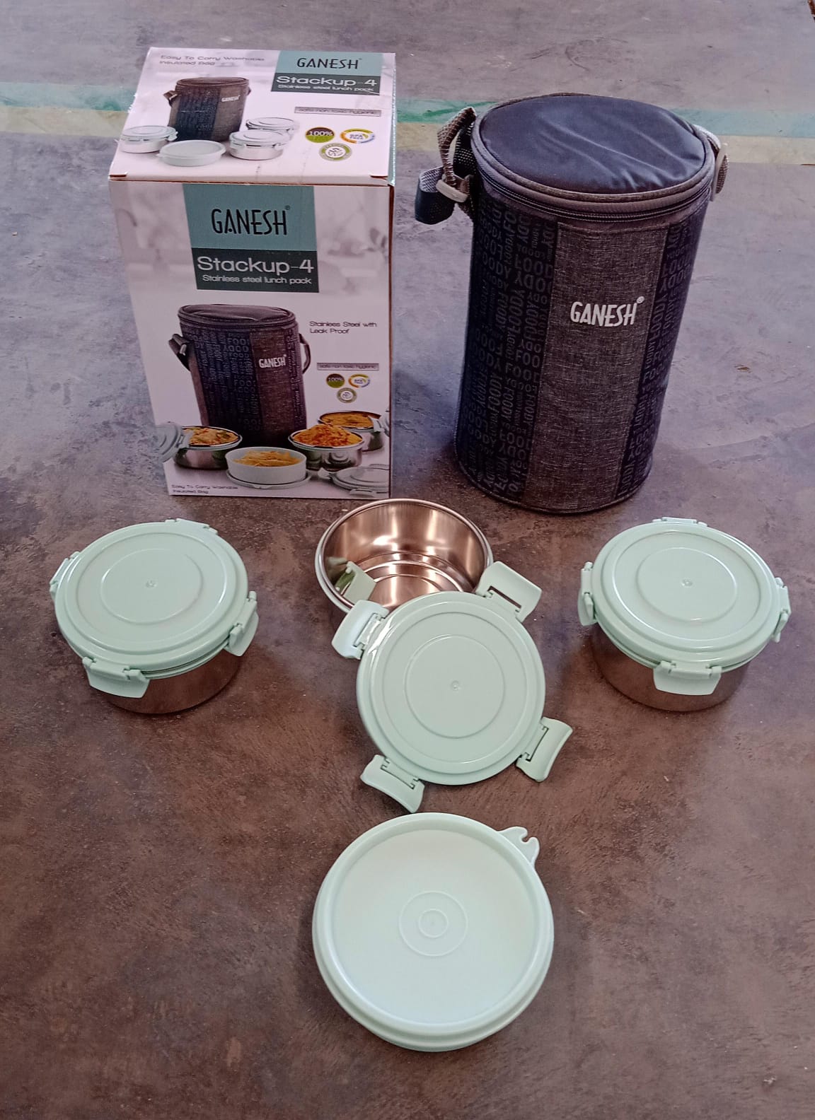 Ganesh 4In1 Tiffin Box-Lunch Box | 3 Stainless Steel Containers 300 Ml Approx & Plastic Salad Container 200 Ml Approx| Plastic lid Box | Round Zip Bag | Leak Proof | Microwave Safe for Office, College and School for Men, Women - Springkart