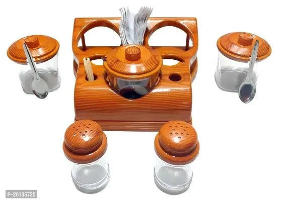 Dining Table Set of Pickle Jars, Salt and Pepper Dispenser, Toothpick Holder and Spoon Holder(Wooden Look Design, Plastic) (All in One) - Springkart