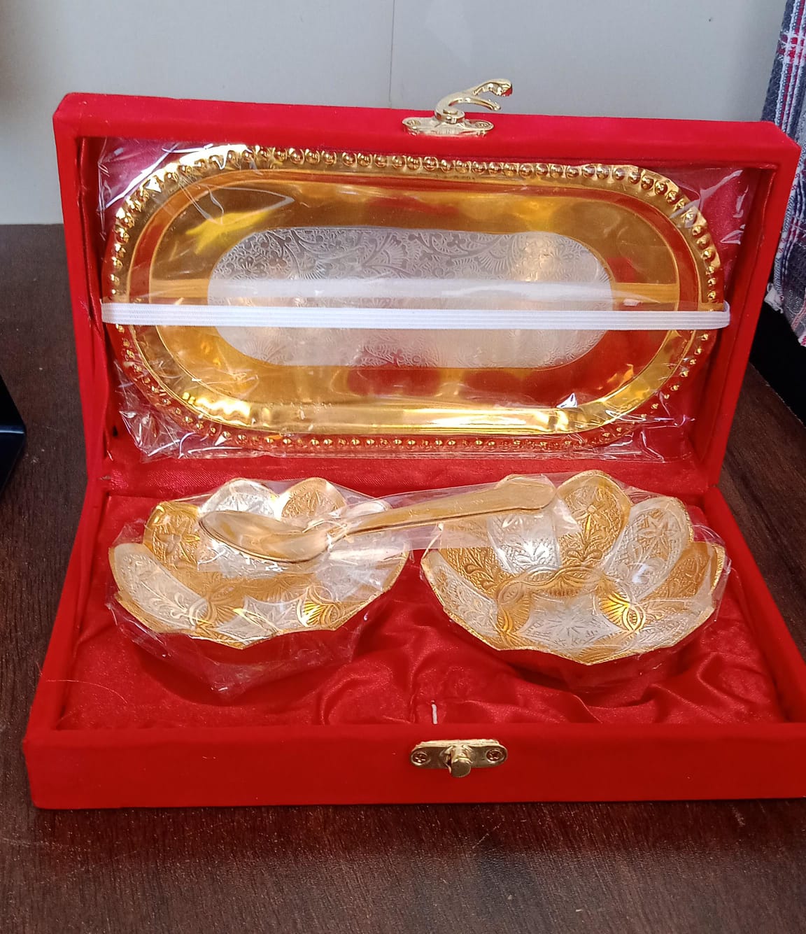5in1 Gold Silver Plated 2 Bowl 2 Spoon Tray Set Brass with Red Velvet Gift Box Serving Dry Fruits Desserts Gift - Springkart