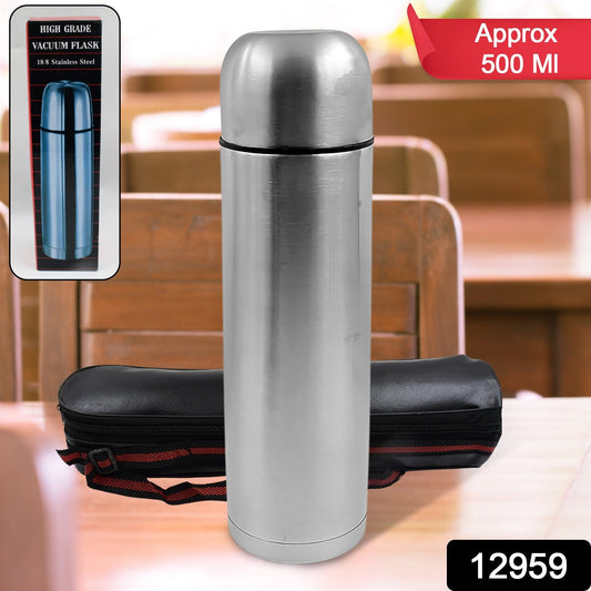 Vacuum Flask With Cover, 18/8 Stainless Steel | Hot and Cold Water Bottle with Push-Down Lid | Double Walled Stainless Steel Bottle for Travel, Home, Office, School, Picnic ( Approx 500 ML / With Cover) - Springkart