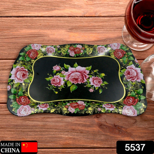 Stainless Steel Serving Tray With Flower Printed Rectangle Premium Dining Table Plate (18 x 8.5 Inch / 1 Pc) - Springkart