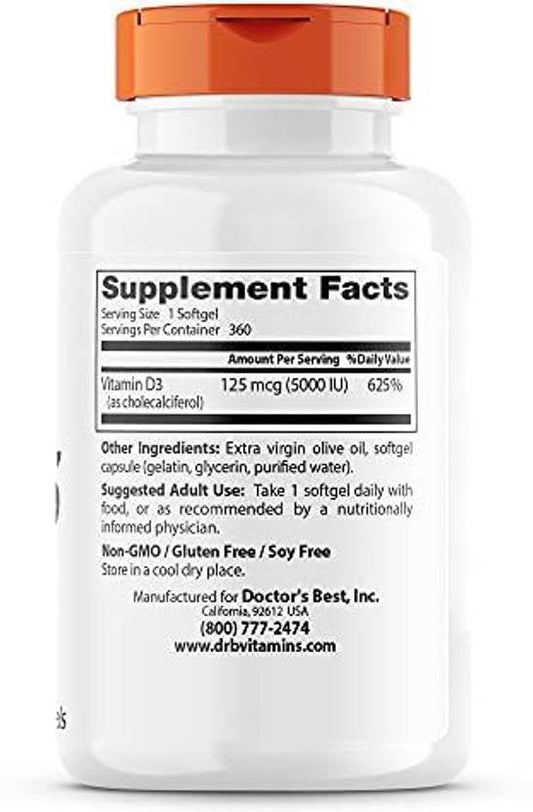 Doctor's Best Vitamin D3 5,000 IU for Healthy Bones, Teeth, Heart and Immune Support, Non-GMOĀ (360 Tablets)