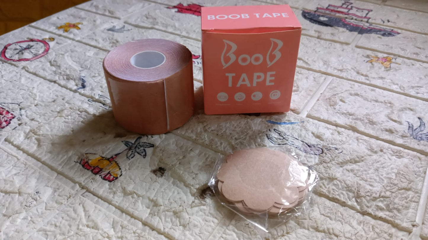 Boob Tape with Nipple Covers: Cotton, Breathable, Lift & Support (5m, 10 Pairs) - Springkart