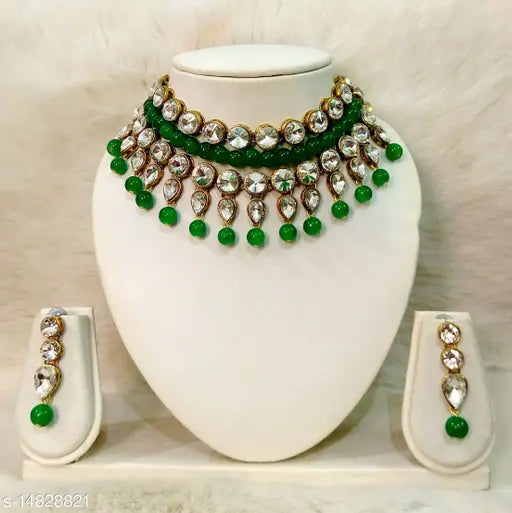 All Green Beautiful Kundan Necklace Set - Springkart