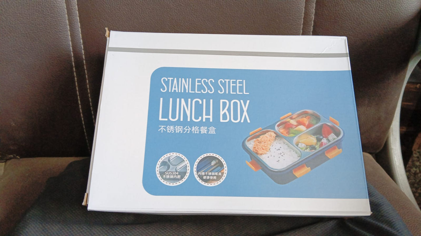3 Compartment Transparent Stainless Steel Lunch Box with a Spoon and a Pair of Chopsticks (1 Set) - Springkart
