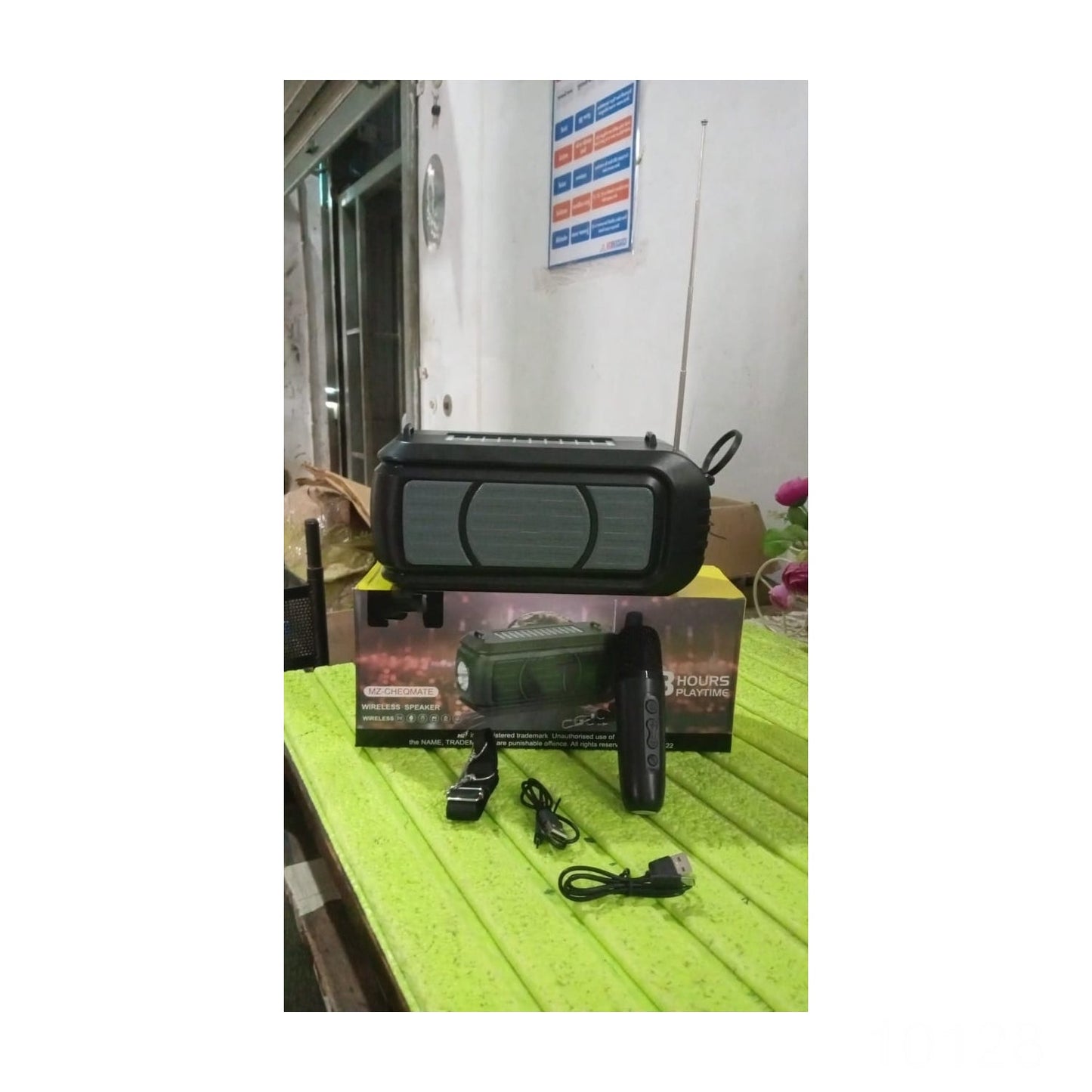 Wireless Bluetooth Speaker 5W High Bass with Wireless Mic / Microphone, LED Torch, Solar Charging, Support USB & Adjustable Strap (1 Set) - Springkart