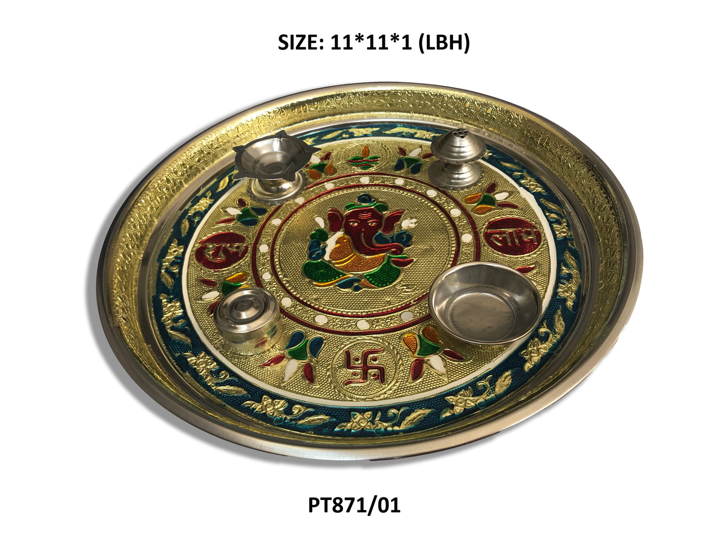 Stainless Steel Pooja thali Decorate with Golden Chain Colourful Diamond Chain Pearl Fancy Stones - Springkart