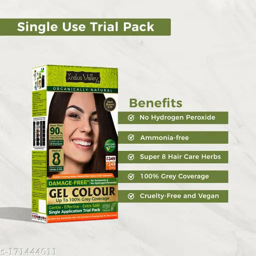Indus valley Damage Free Natural Gel Hair Colour for Women | Ammonia & PPD Free Organic Hair Colour with 100% Grey Coverage, Long Lasting Conditioning Hair Color |Dark Brown- Trial Pack 60ml+5g