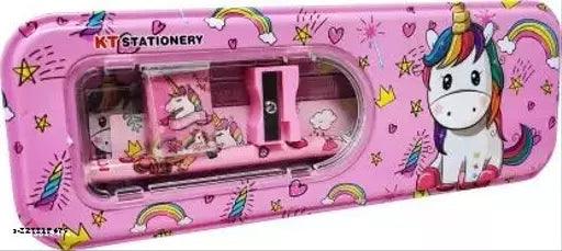 Attractive Set of 3 Cartoon Printed Stationery Metal Pencil Box with assorted stationery and Small window - Springkart