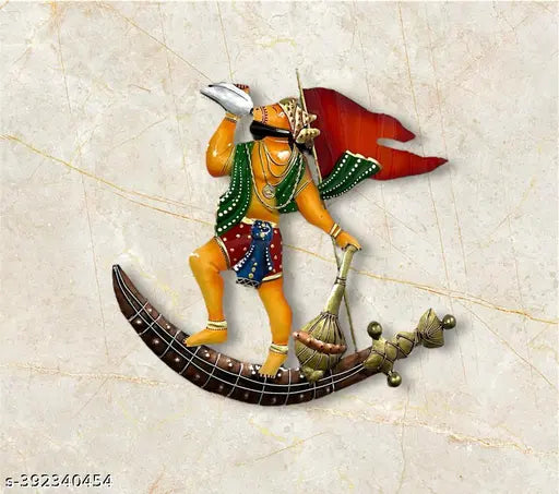 METAL LORD HANUMAN ON SWORD LED WALL DECOR ANTIQUE SCULPTURE - Springkart