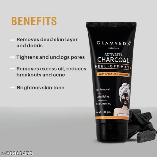 Glamveda Charcoal Peel Off Mask Enriched With Argan Oil and Aloe Vera |Blackhead Remover Mask & Oil Control Anti Acne| 100gm