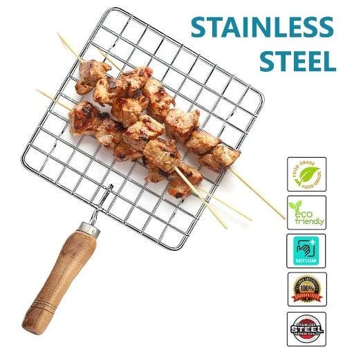 Griller-Kitchen Round Stainless Steel Roaster Papad Jali, Roti Roaster Barbecue Grill with Wooden Handle (Pack of 1) - Springkart