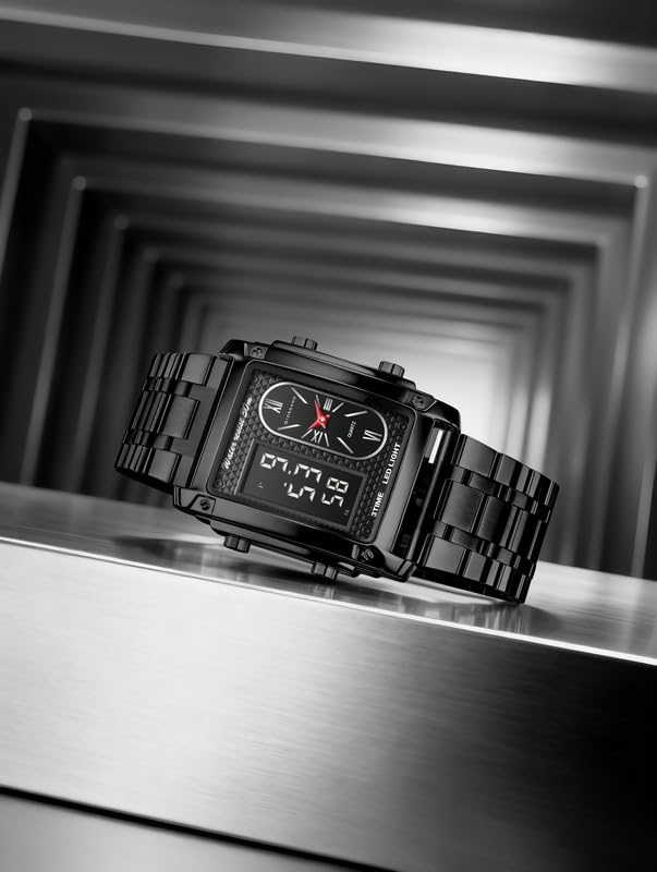 Giordano Analog-Digital Quartz Watch for Men with LED Light, 3-Time Display, Date Function, 30M Water Resistance & Stainless Steel Strap