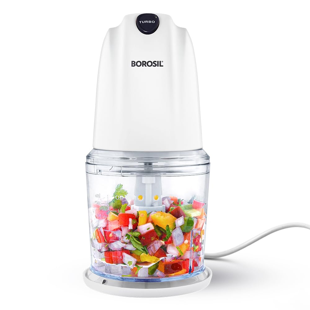 Borosil Chef Delite 300 Watts Electric Chopper for Kitchen, Twin Blade Technology, 600 ml 'chop-n-store' plastic bowl with lid, Vegetable Chopper, Cutter, Chop, Mince, Dice, Whisk, Blend - Springkart