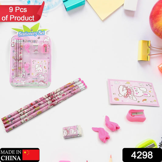 Kids' Stationery Kit: Wooden Pencils, Sharpener, Eraser, Diary (9 Pc Set) - Springkart