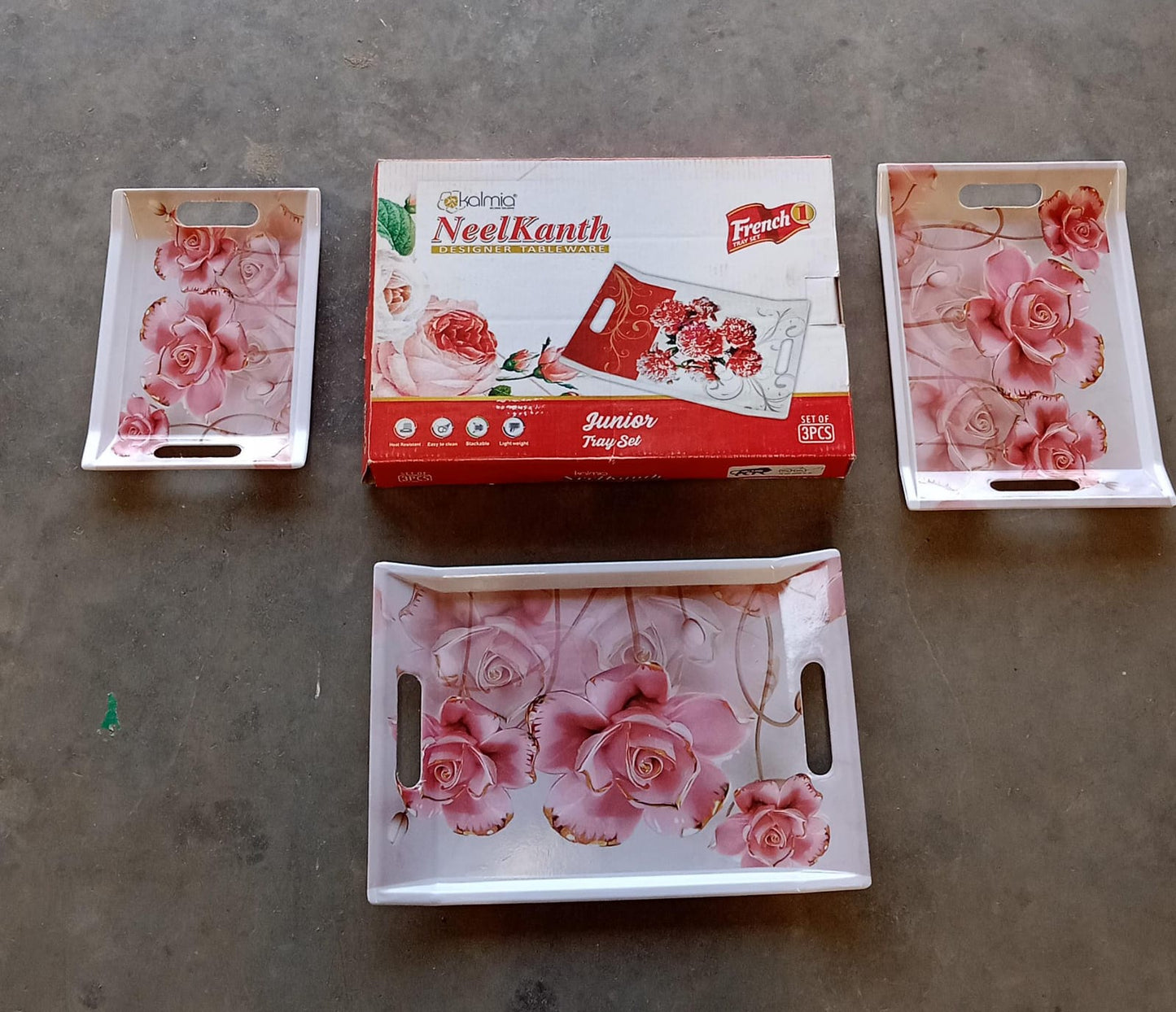 Plastic Rectangular Shape Flower Printed Design Serving Tray 3 pcs Home and Kitchen Use (3 pcs set) - Springkart