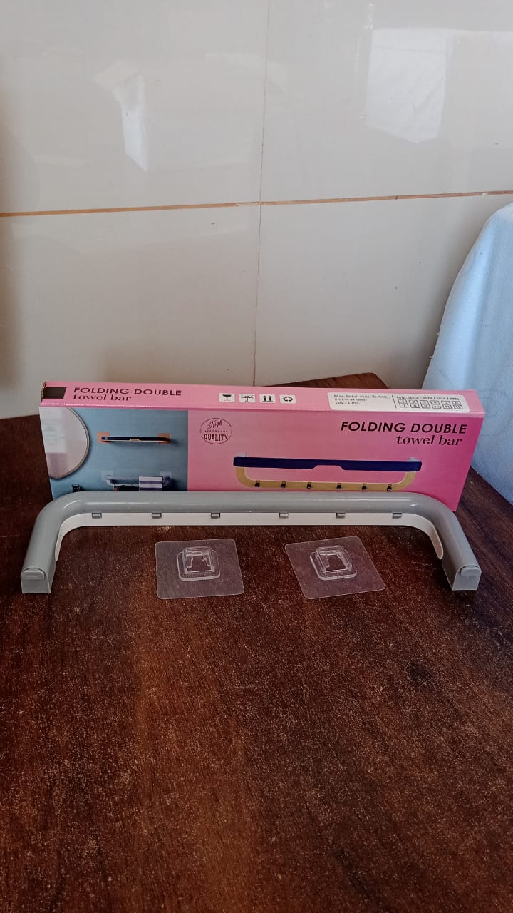 Wall Mounted Double Bar Towel Holder with Hooks | Multifunctional Adjustable Towels Rack for Kitchen / Bathroom | Folding Towel Shelf - Springkart