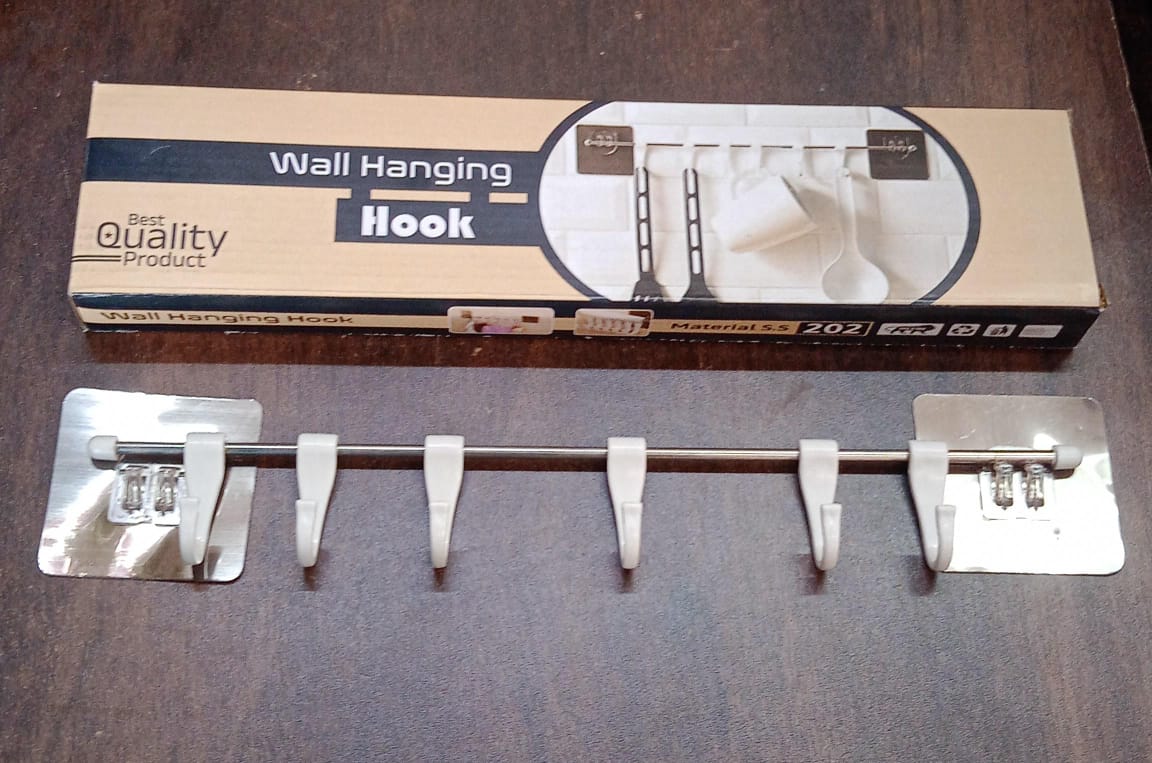 Stainless Steel Utensil Hanger Rail Nail Free Wall Mount with 2 Magic Stickers & 6 Plastic Hooks For Kitchen - Springkart